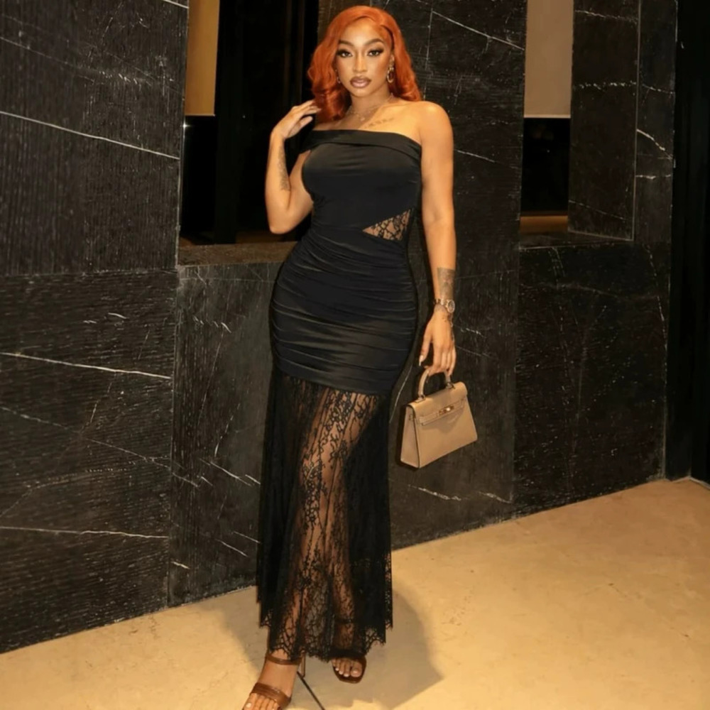 African Sexy One Shoulder Mesh Black Long Dress